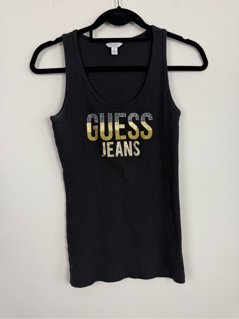 Guess Y2K Top Rhinestone Logo Tank Black Gold Rock n Roll Fitted Bidazzle Large